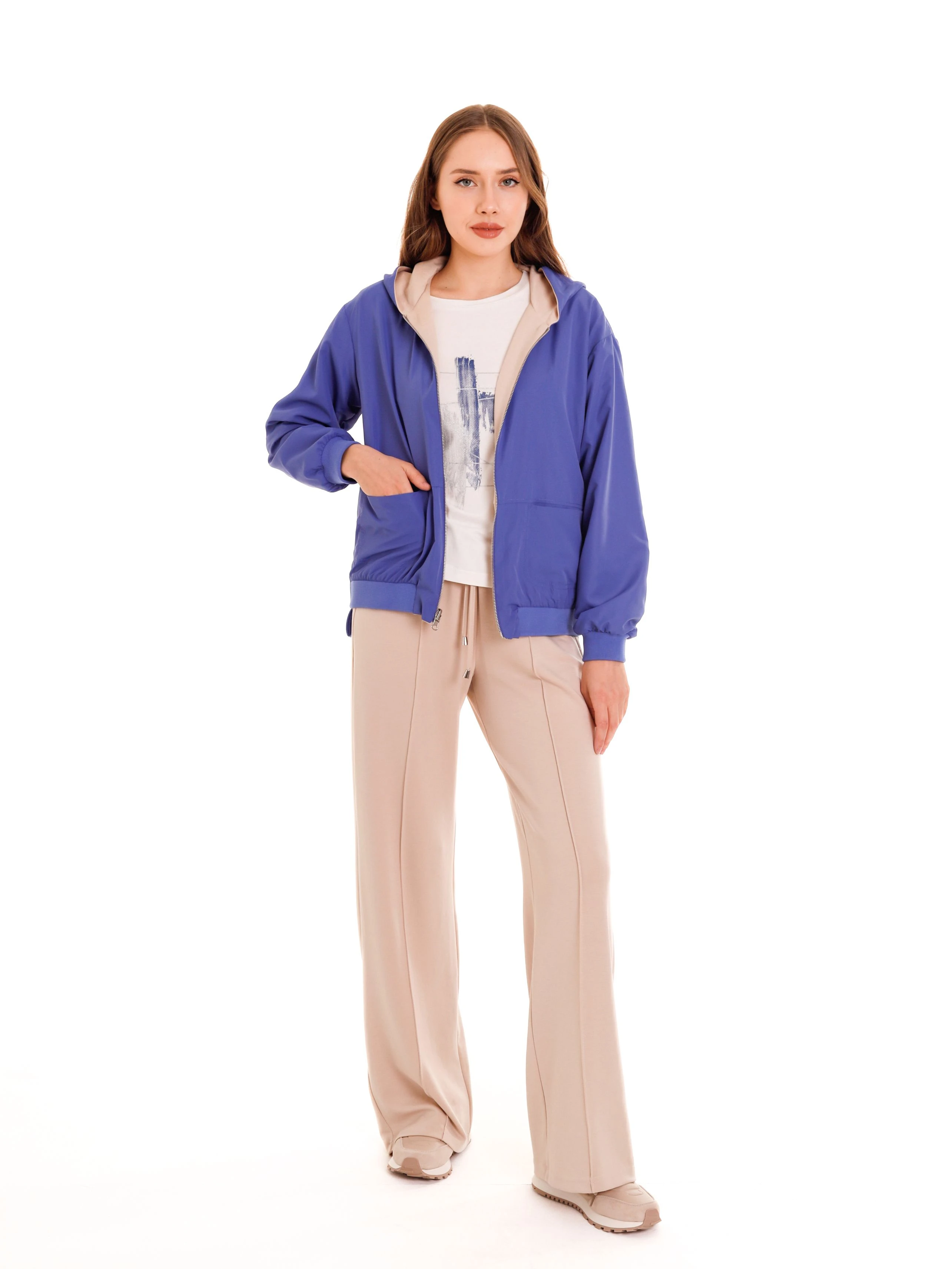 Костюм в стиле спортшик на молнии с капюшоном и свободными брюками, Blue-Beige, 36